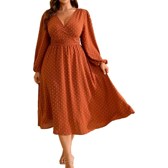 Plus Size Fall Wedding Guest Dress Swiss Dot Lantern Sleeves V-Neck - Picture 1 of 5